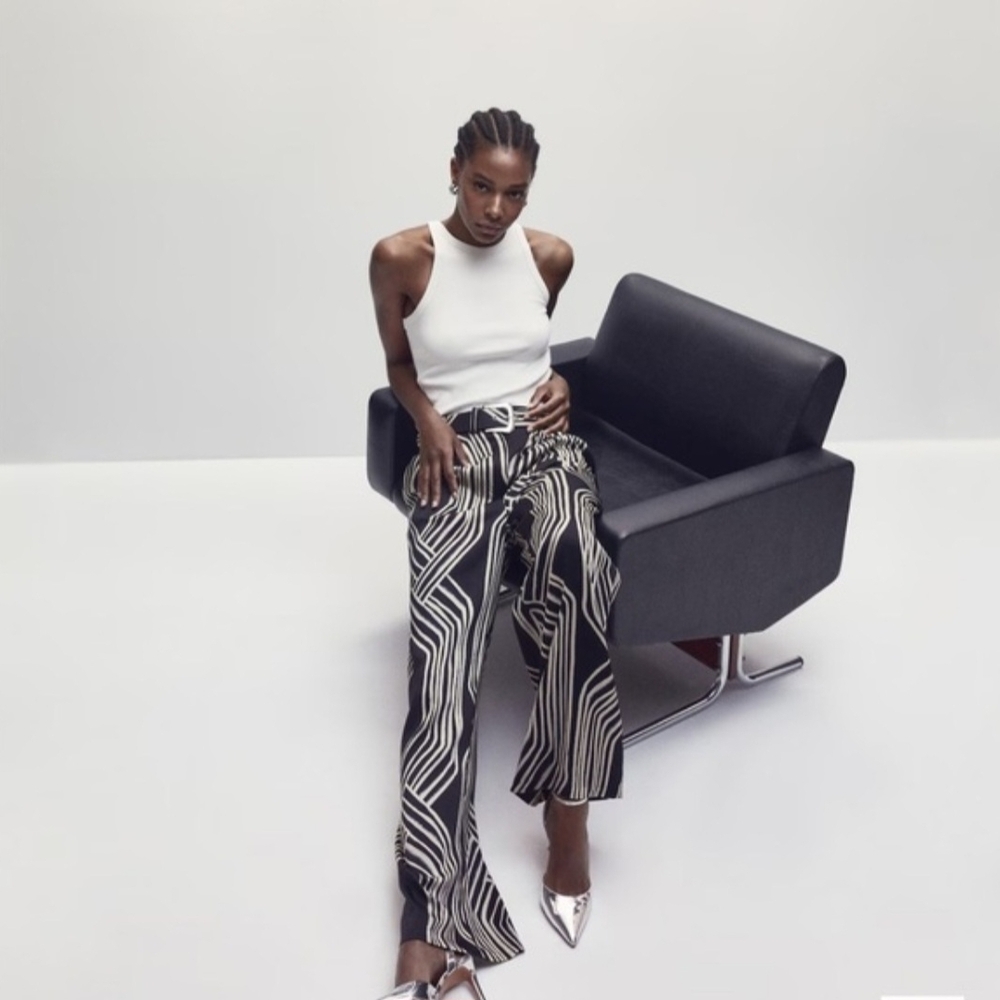 Mango Stylish Black and White Geometric Women's Pants Trousers